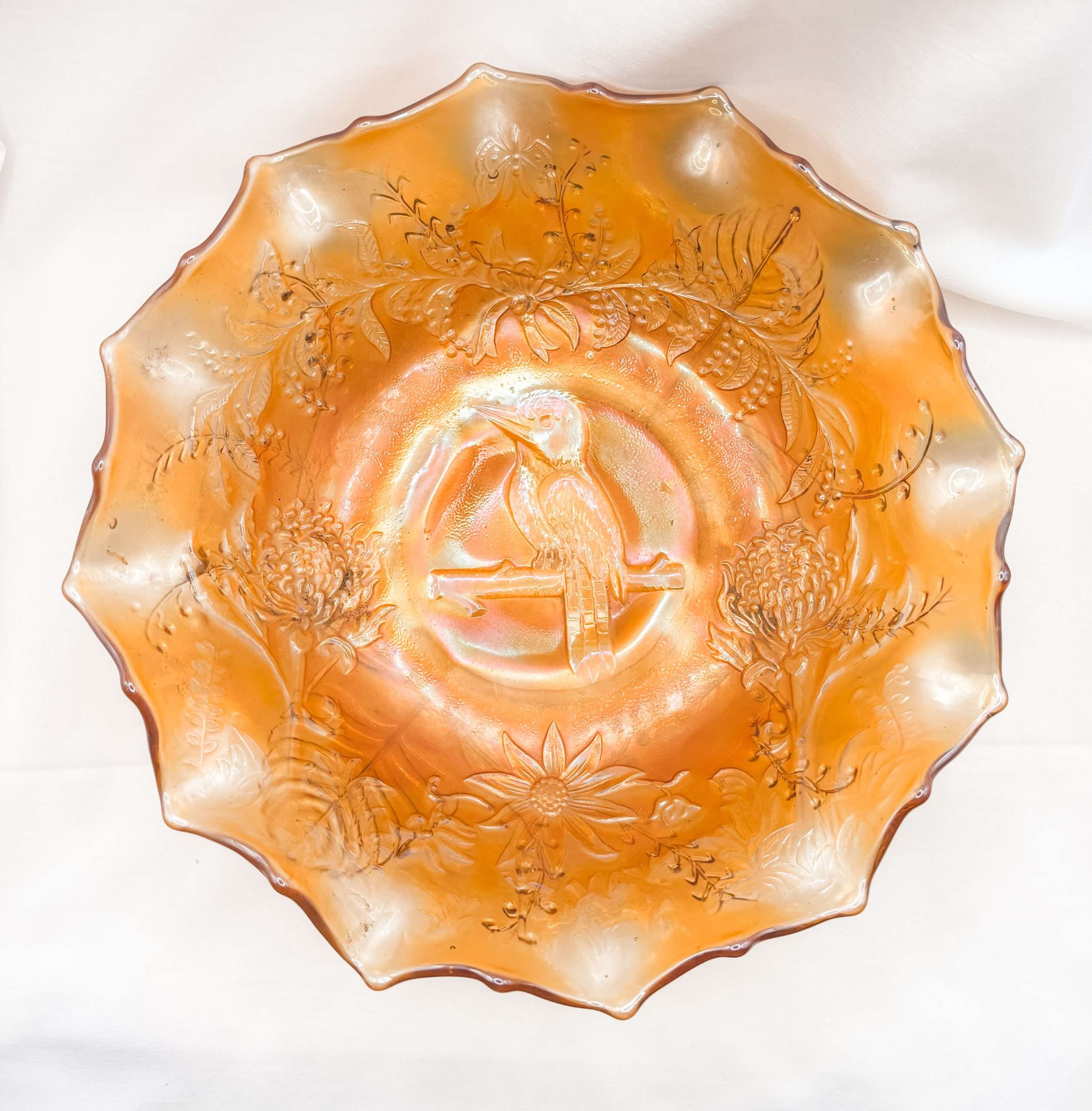 Australian Carnival Glass Marigold Kingfisher Master Bowl – Crown Crystal Glass Co. c.1930 - Image 2