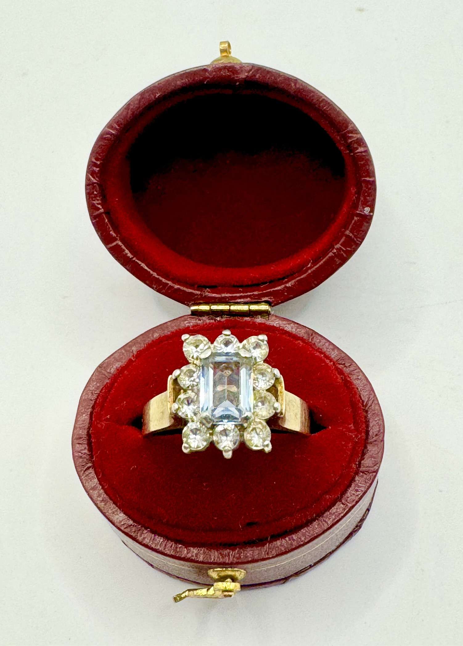 9ct Gold Synthetic Spinel and CZ Ring -Pale Blue Emerald Cut| Size O