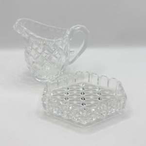 Vintage Cut Crystal Creamer & Trinket Dish Set | Pressed Glass Diamond Pattern | Elegant Tableware | Collectible Crystal Serving Set