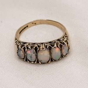 Vintage 9ct Gold Opal Ring | Five-Stone Cabochon Opal Band | Size Q | Hallmarked