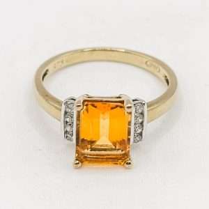 9ct Gold Emerald-Cut Citrine & Diamond Ring – Size O