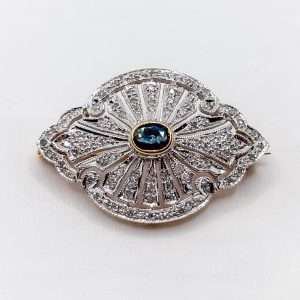 18ct Yellow & White Gold Sapphire Diamond Brooch Art Deco Style Vintage Statement Pin