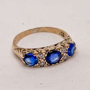 9ct Yellow Gold Sapphire & Diamond Ring – Three Stone Bridge Setting – Size N½