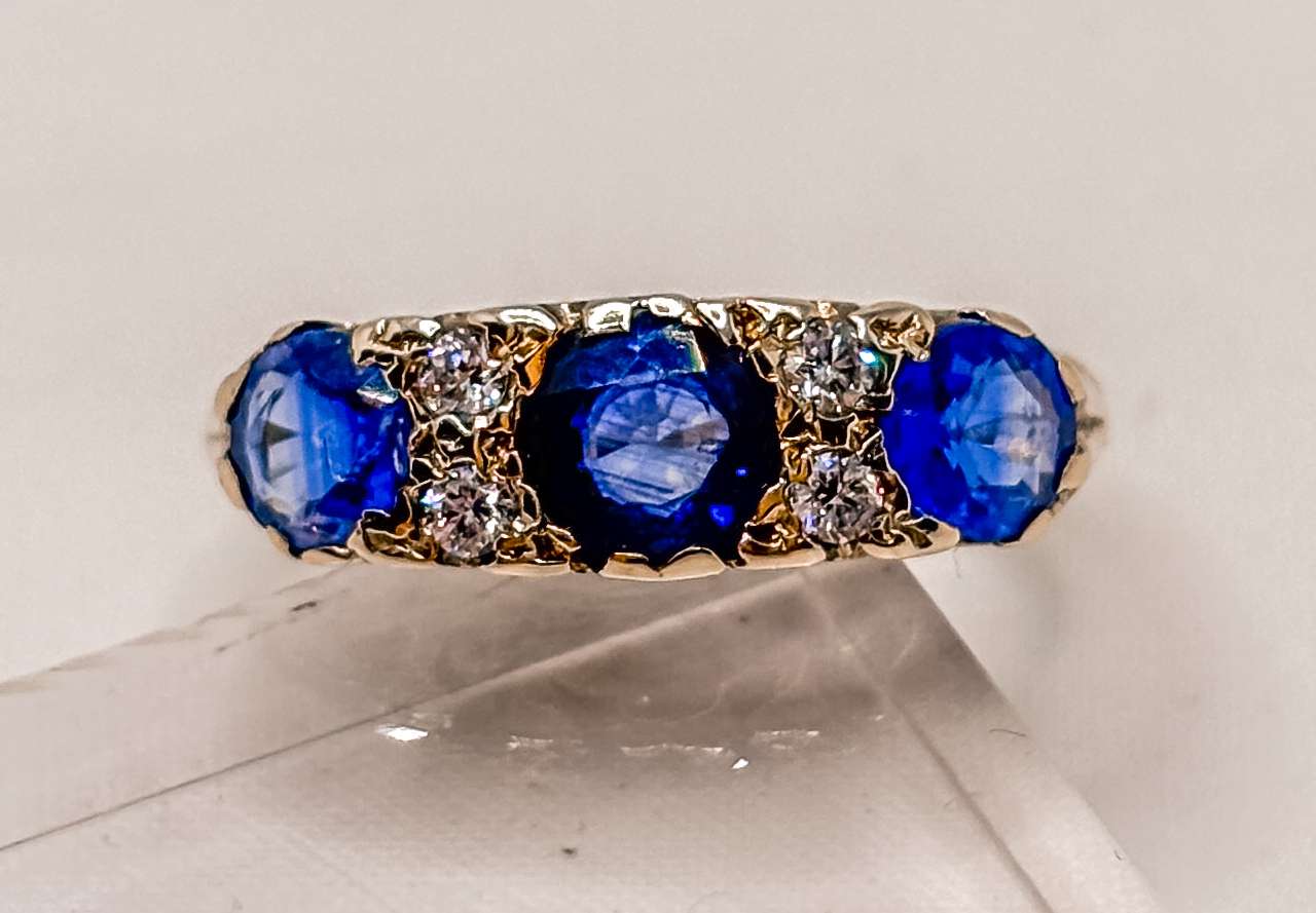 9ct Yellow Gold Sapphire & Diamond Ring – Three Stone Bridge Setting – Size N½ - Image 2