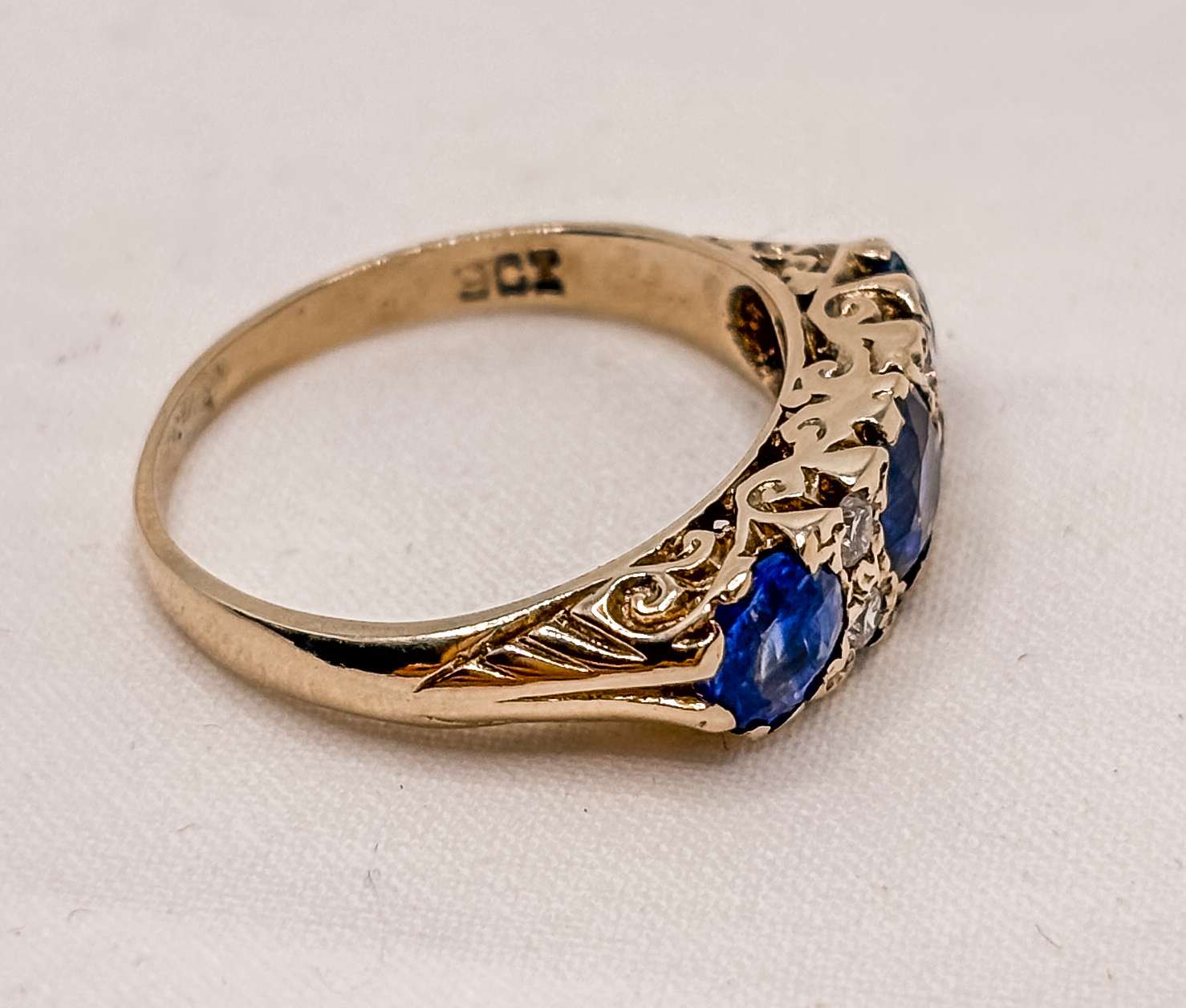 9ct Yellow Gold Sapphire & Diamond Ring – Three Stone Bridge Setting – Size N½ - Image 3