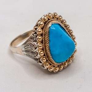 14ct Yellow Gold Sleeping Beauty Turquoise Filigree Ring – Vintage Statement Ring Size R