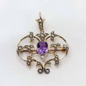 15ct Yellow Gold Amethyst & Seed Pearl Brooch Pendant | Victorian Style | Convertible | 40mm