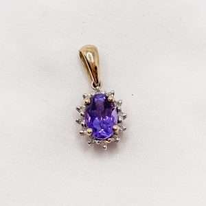 9ct Yellow Gold Amethyst & Diamond Halo Pendant
