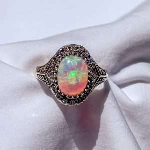 Sterling Silver Fiery Opal & Diamond Halo Ring – Size U – Stamped 925