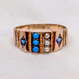 9ct Rose Gold Turquoise, Seed Pearl & Sapphire Ring – Size M½