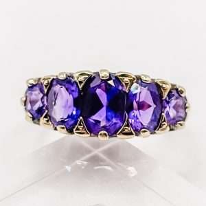 9ct Yellow Gold Five Stone Amethyst Ring – Graduating Bridge Setting – Size N½
