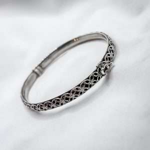 Sterling Silver Fancy Hinged Bangle – Filigree Pattern – Oval Silver Bracelet – 6.15g