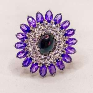 Sterling Silver Amethyst & Garnet Cluster Ring – Statement Halo Ring | Size P
