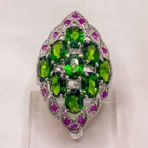 Sterling Silver Peridot & Ruby Statement Ring – Multi Gemstone Cocktail Ring | Size R