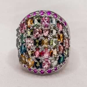 Sterling Silver Ruby & Tourmaline Statement Ring – Multi Gemstone Cocktail Ring | Size Q
