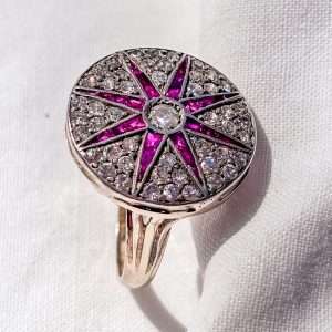 14ct Gold Ruby & Diamond Starburst Ring – Vintage Statement Cocktail Ring (Size L)