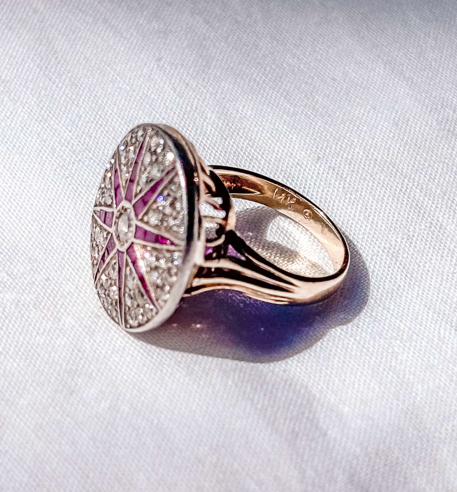 14ct Gold Ruby & Diamond Starburst Ring – Vintage Statement Cocktail Ring (Size L) - Image 3